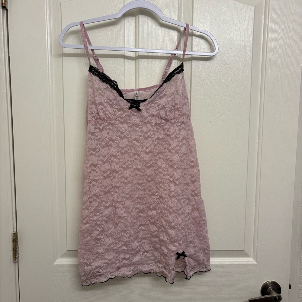 George Pink Lace Slip Dress Black Trim Bow Detail Size Large 12-14
